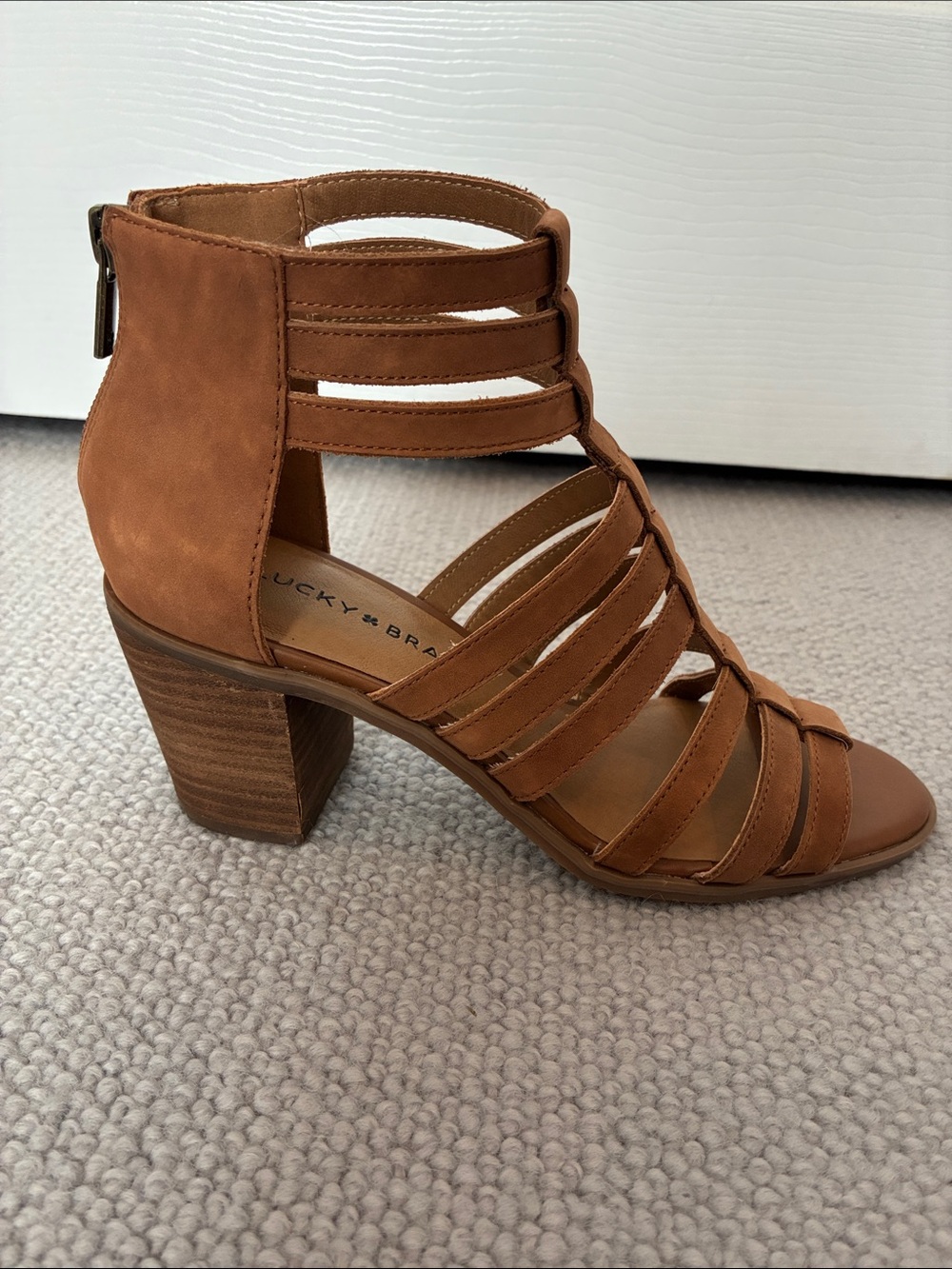 Lucky Brand Strappy Block Heel Caged Sandals, Saddle Brown, Size 7 - Picture 4 of 9